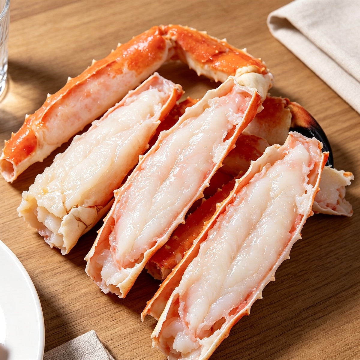 Jumbo cooked king crab legs split open to show white meat (1)
