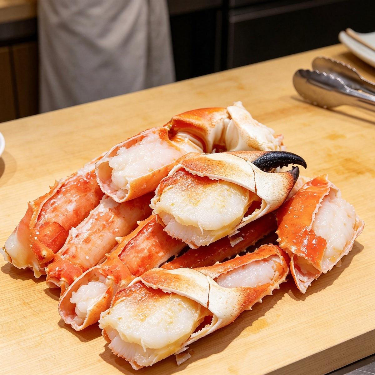 Jumbo cooked king crab legs split open to show white meat (2)