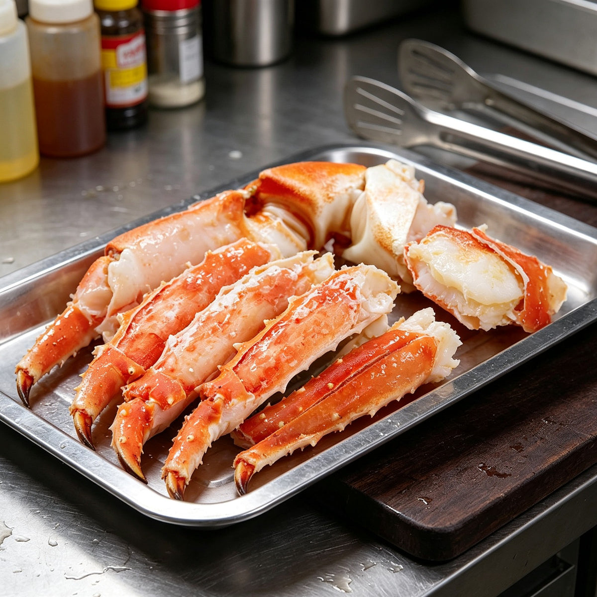 Jumbo cooked king crab legs split open to show white meat (3)