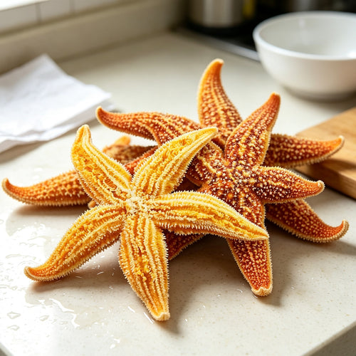 Fresh golden orange five-armed starfish on a counter (1)