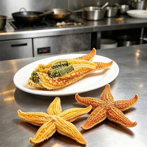 Fresh golden orange five-armed starfish on a counter (2)