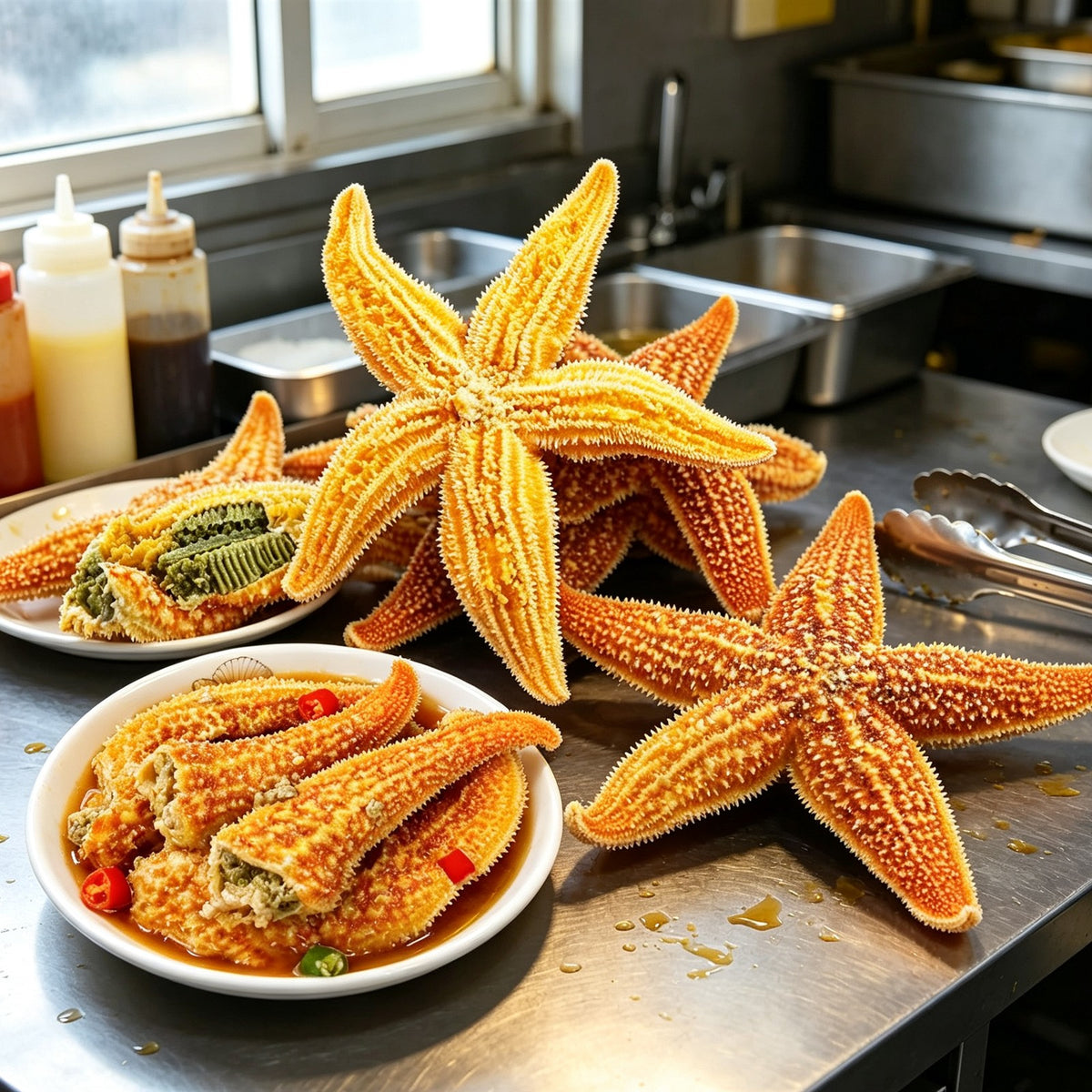 Fresh golden orange five-armed starfish on a counter (3)