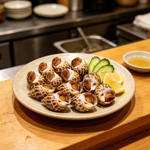 Fresh sea snails in speckled shells served with cucumber and lemon (1)