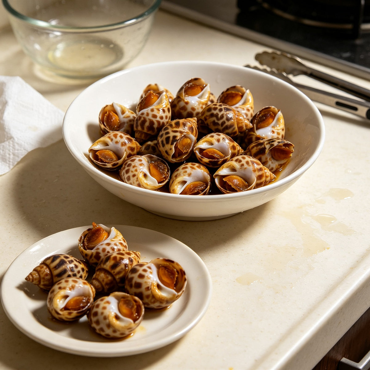Fresh sea snails in speckled shells served with cucumber and lemon (2)