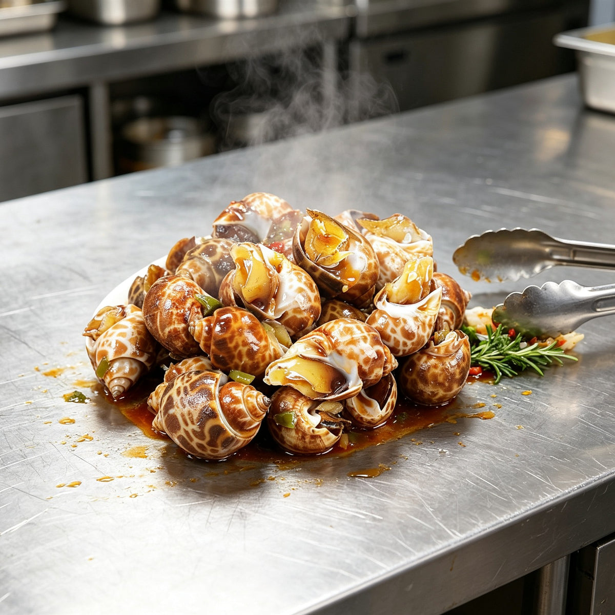 Fresh sea snails in speckled shells served with cucumber and lemon (3)