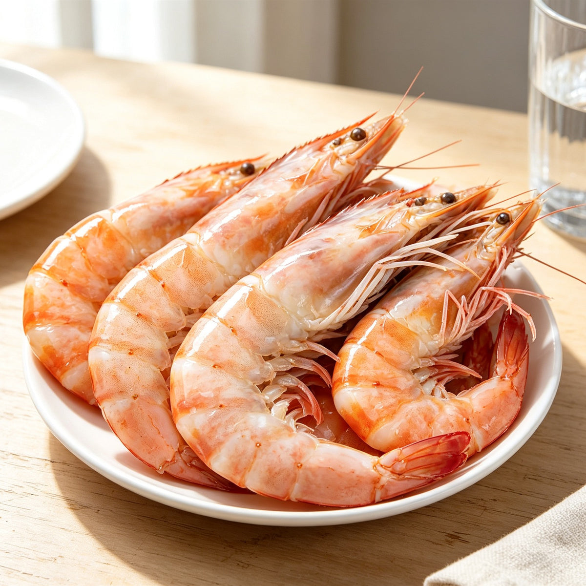 Plump whole white shrimp with heads on, on a plate (1)