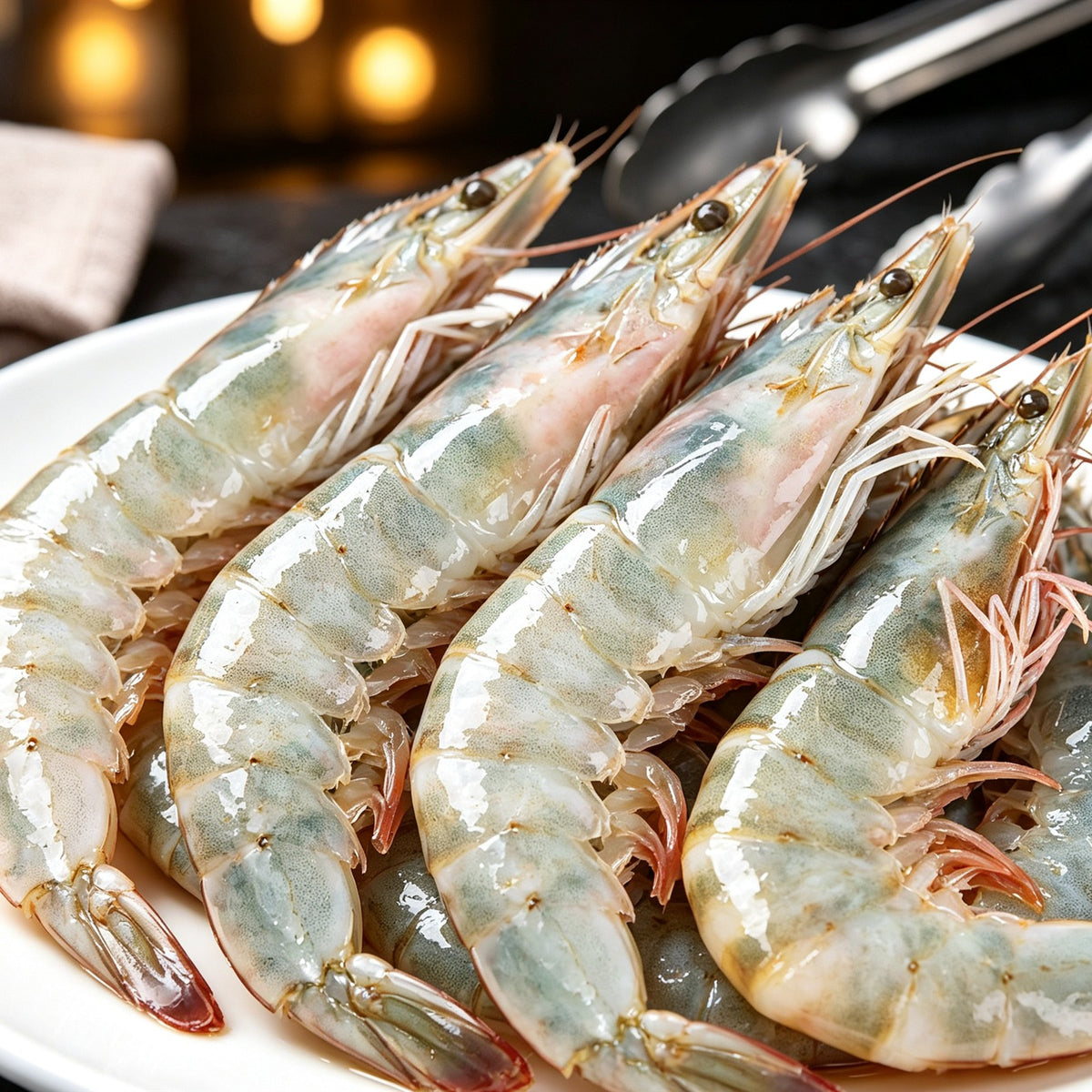 Plump whole white shrimp with heads on, on a plate (2)