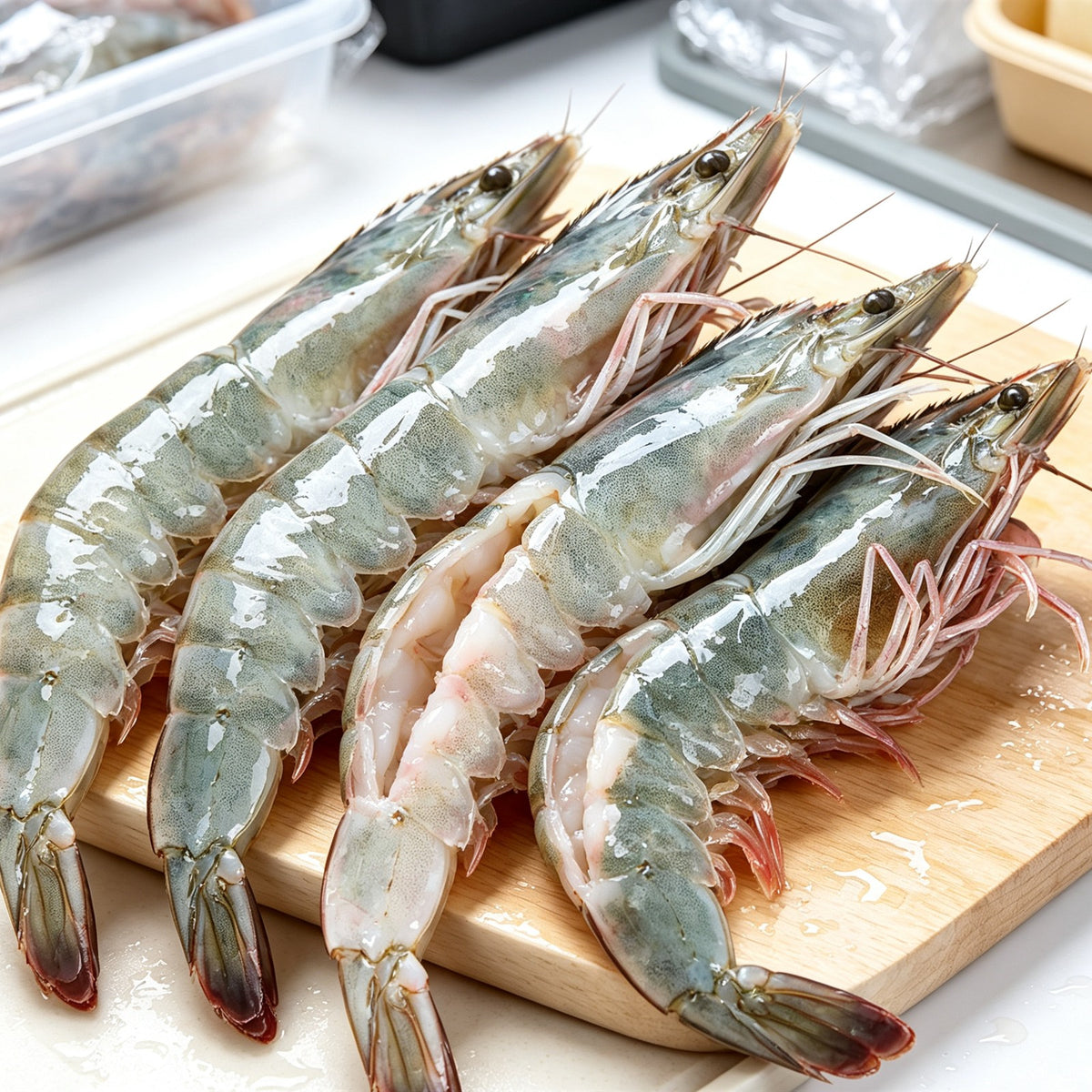 Plump whole white shrimp with heads on, on a plate (3)