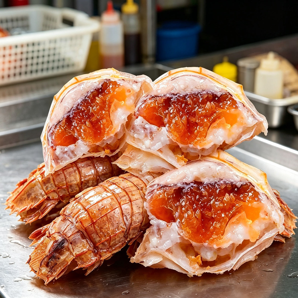Fresh mantis shrimp split open showing orange roe (1)