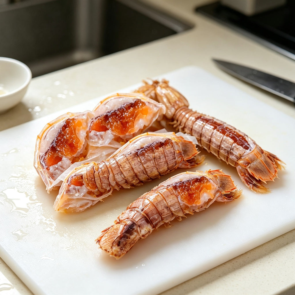 Fresh mantis shrimp split open showing orange roe (2)